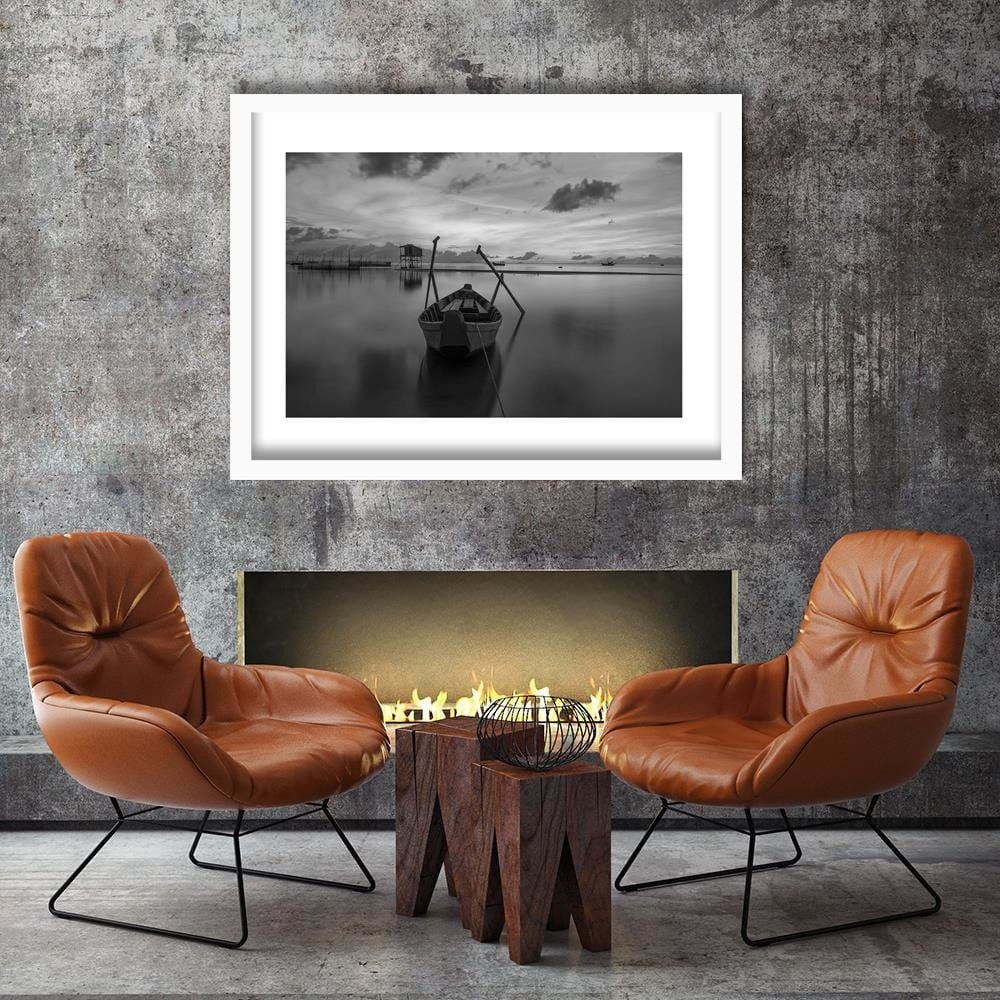 Glezna baltā rāmī - Boat On A Quiet Lake 2  Home Trends DECO