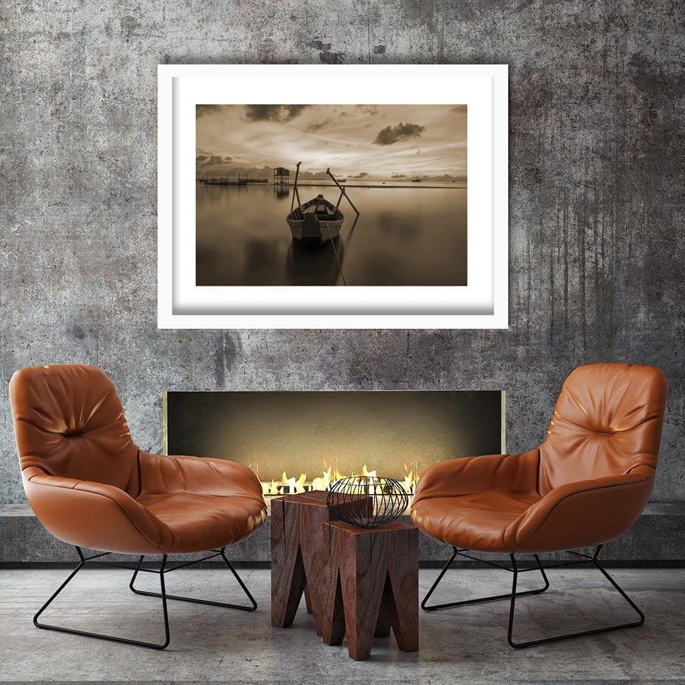 Glezna baltā rāmī - Boat On Calm Lake 1  Home Trends DECO