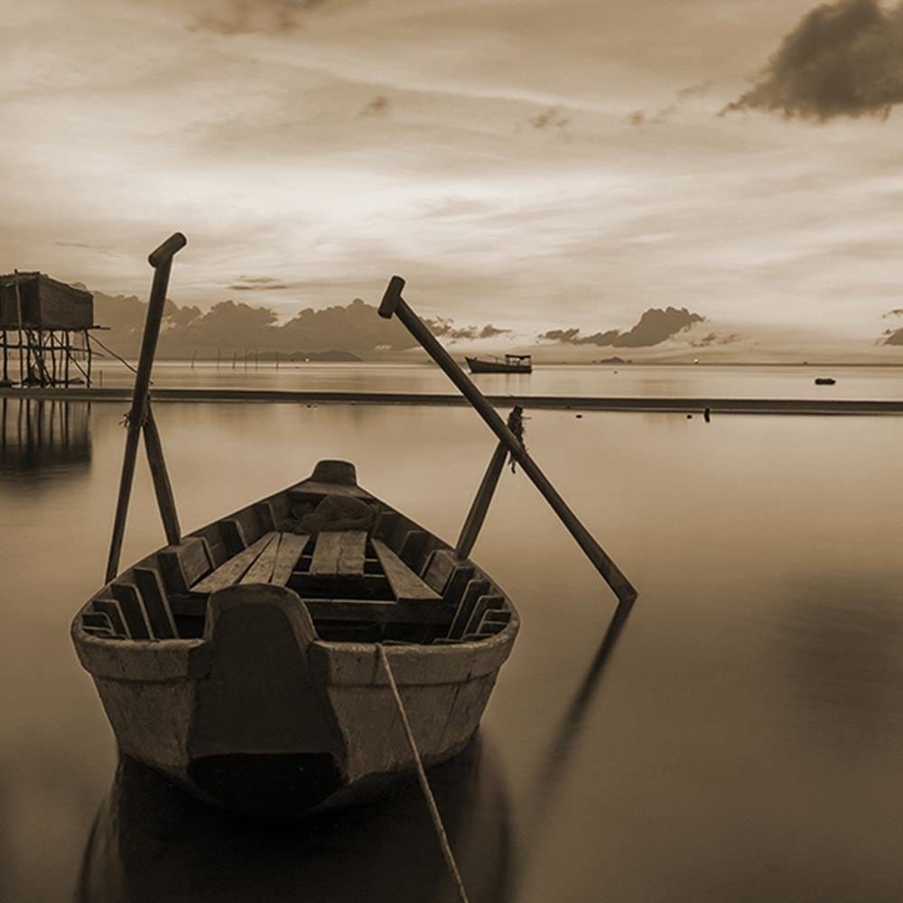 Glezna baltā rāmī - Boat On Calm Lake 1  Home Trends DECO