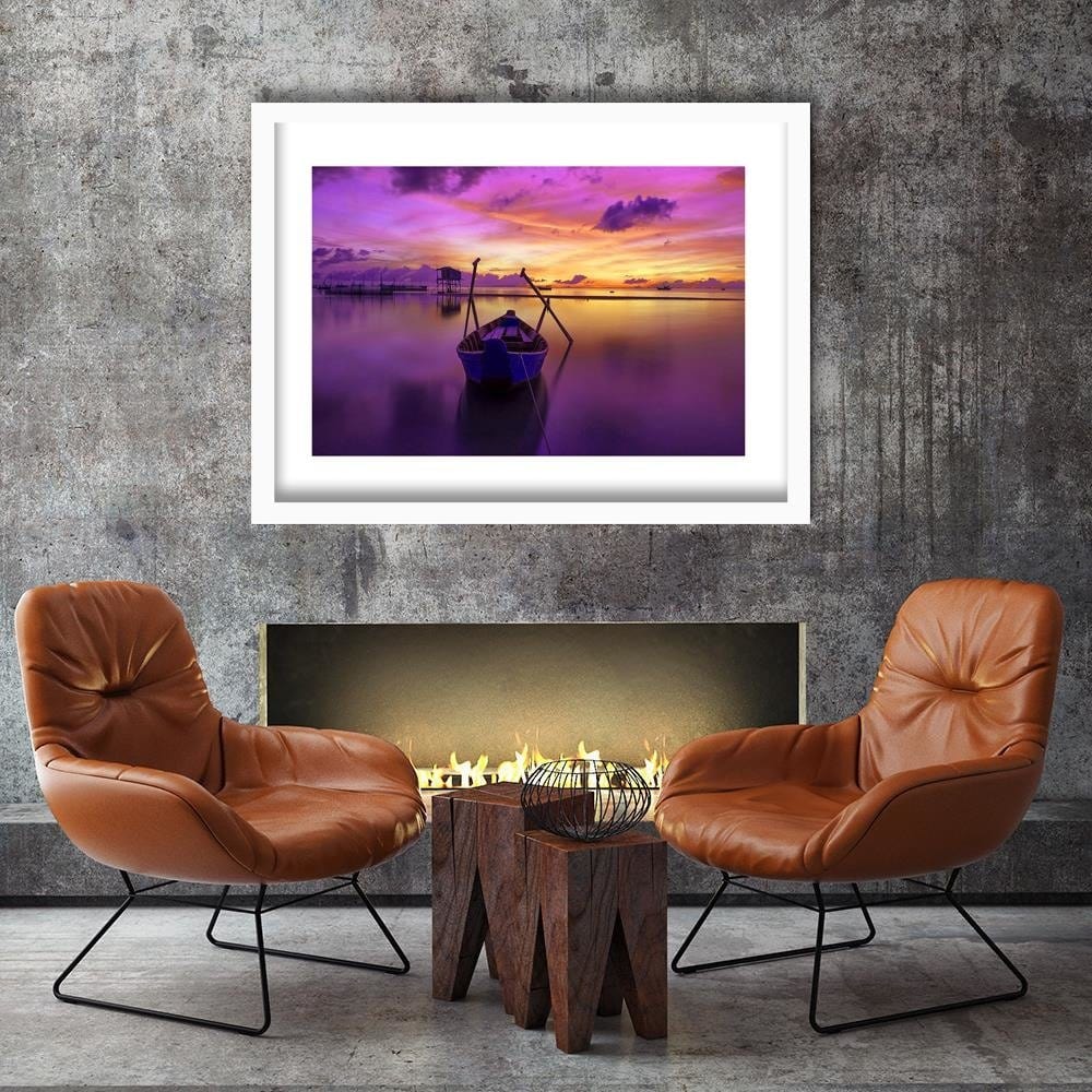 Glezna baltā rāmī - Boat On Calm Lake 3  Home Trends DECO