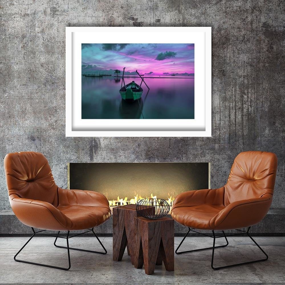 Glezna baltā rāmī - Boat On Calm Lake 4  Home Trends DECO