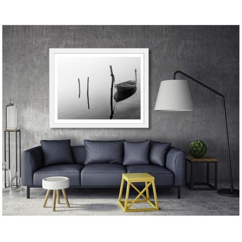 Glezna baltā rāmī - Boat on calm water  Home Trends DECO