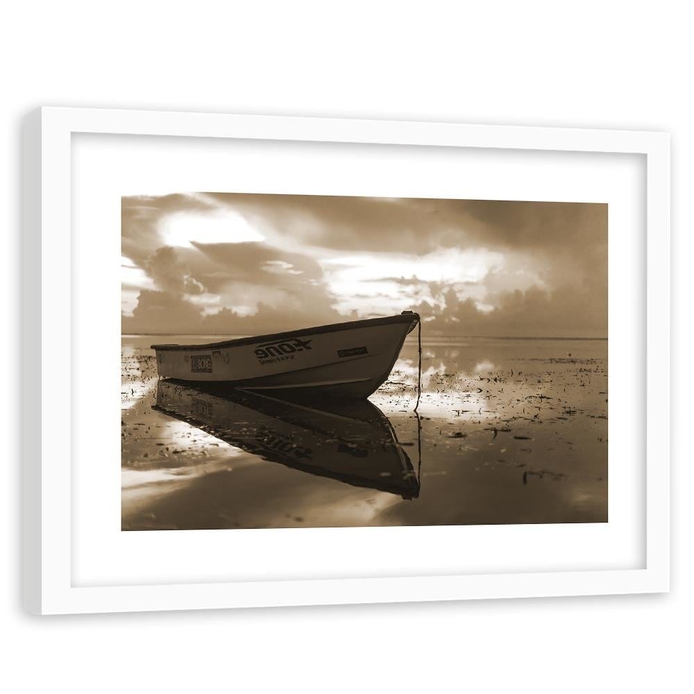 Glezna baltā rāmī - Boat On The Sea 1  Home Trends DECO