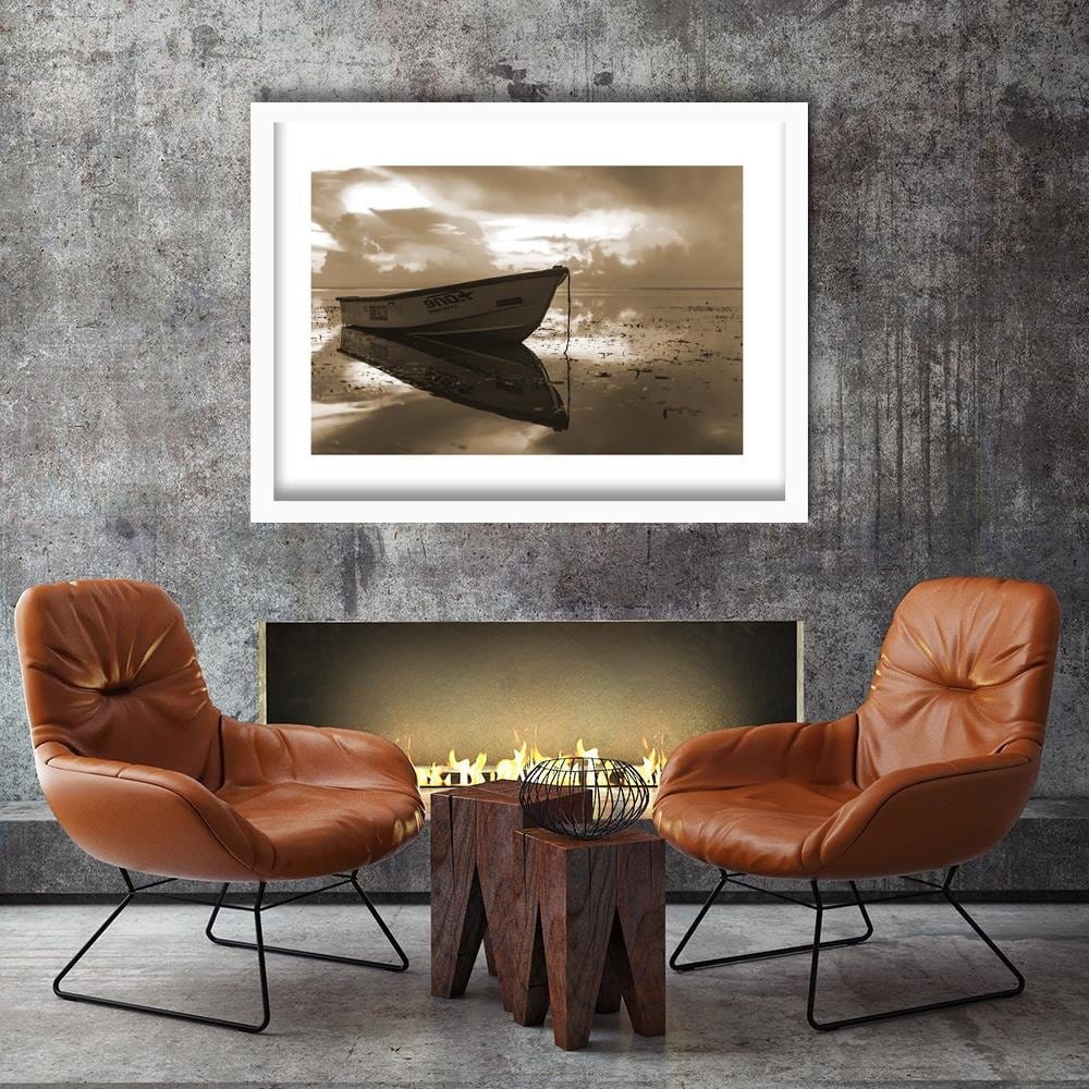 Glezna baltā rāmī - Boat On The Sea 1  Home Trends DECO