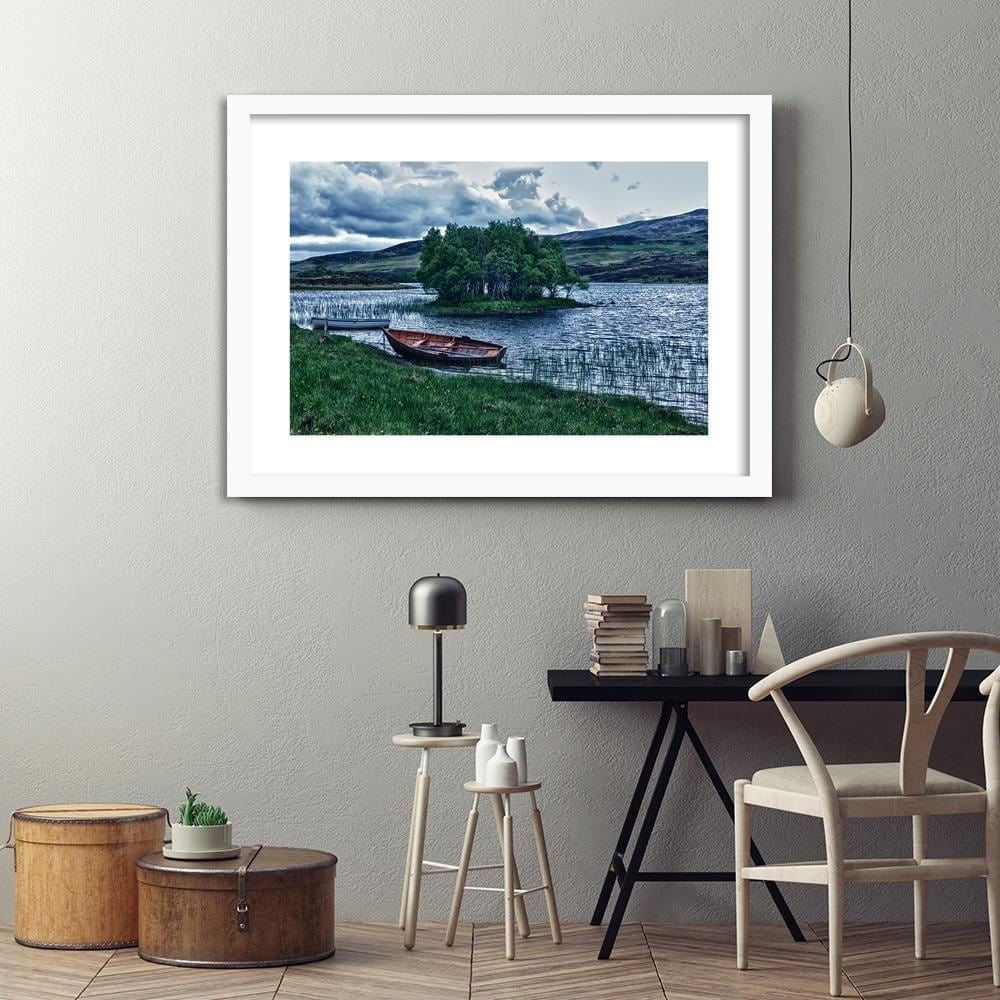 Glezna baltā rāmī - Boats On The Side Of A Mountain Lakes  Home Trends DECO