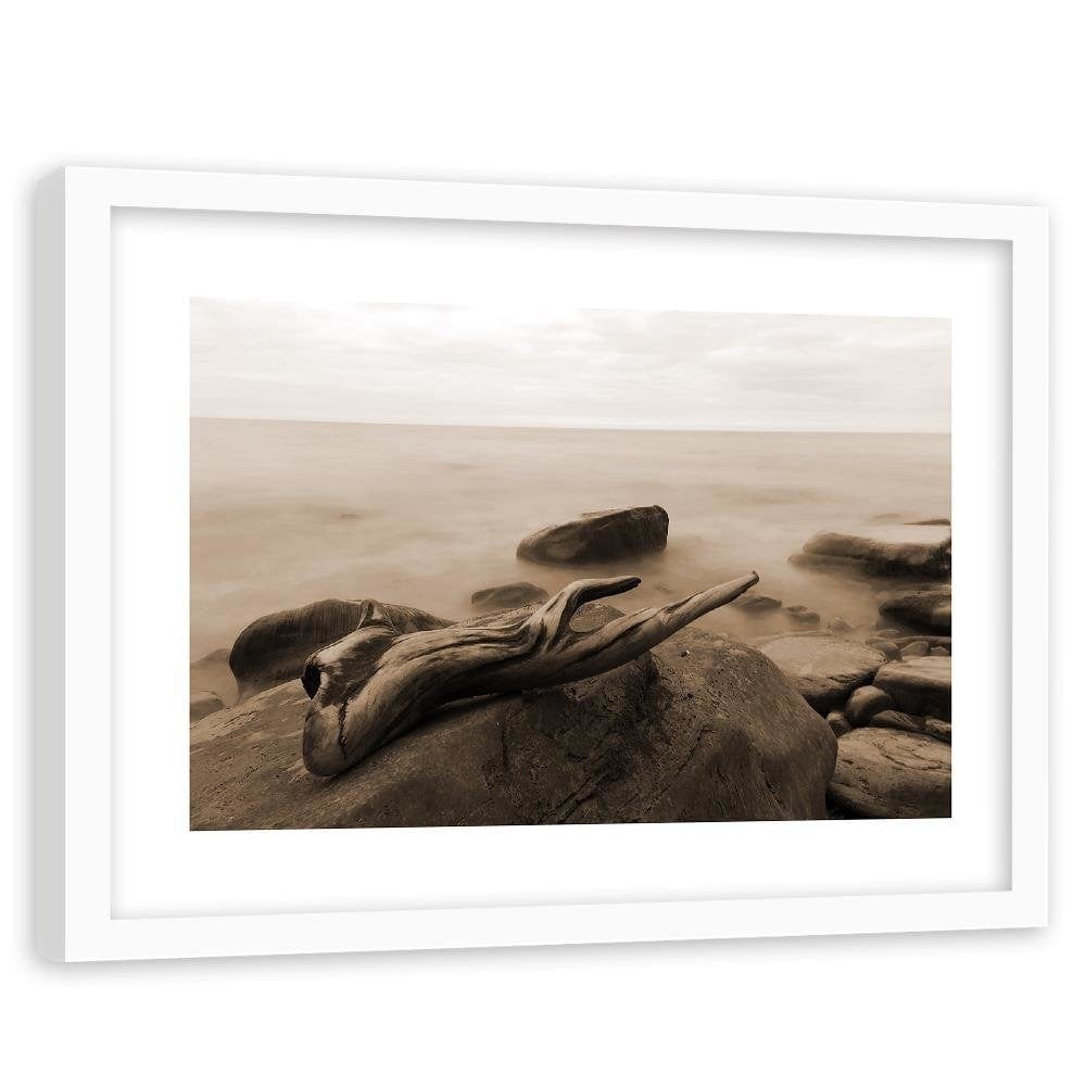 Glezna baltā rāmī - Branch On The Stone 1  Home Trends DECO
