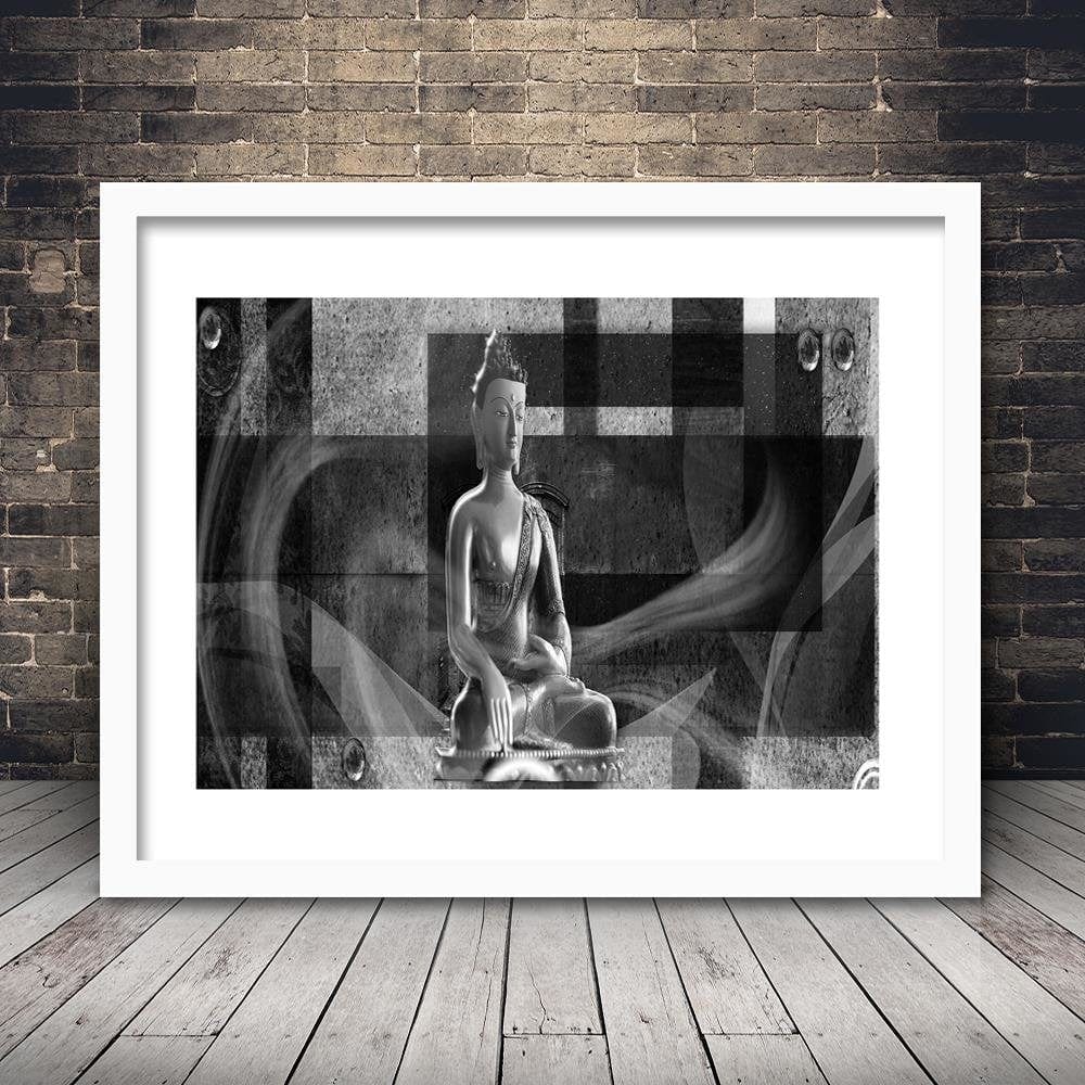 Glezna baltā rāmī - Buddha On Geometric Background  Home Trends DECO