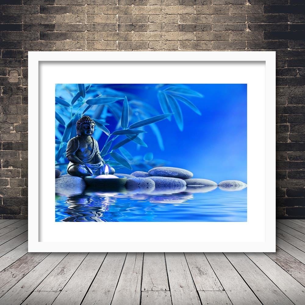Glezna baltā rāmī - Buddha Over The Water On The Rocks  Home Trends DECO