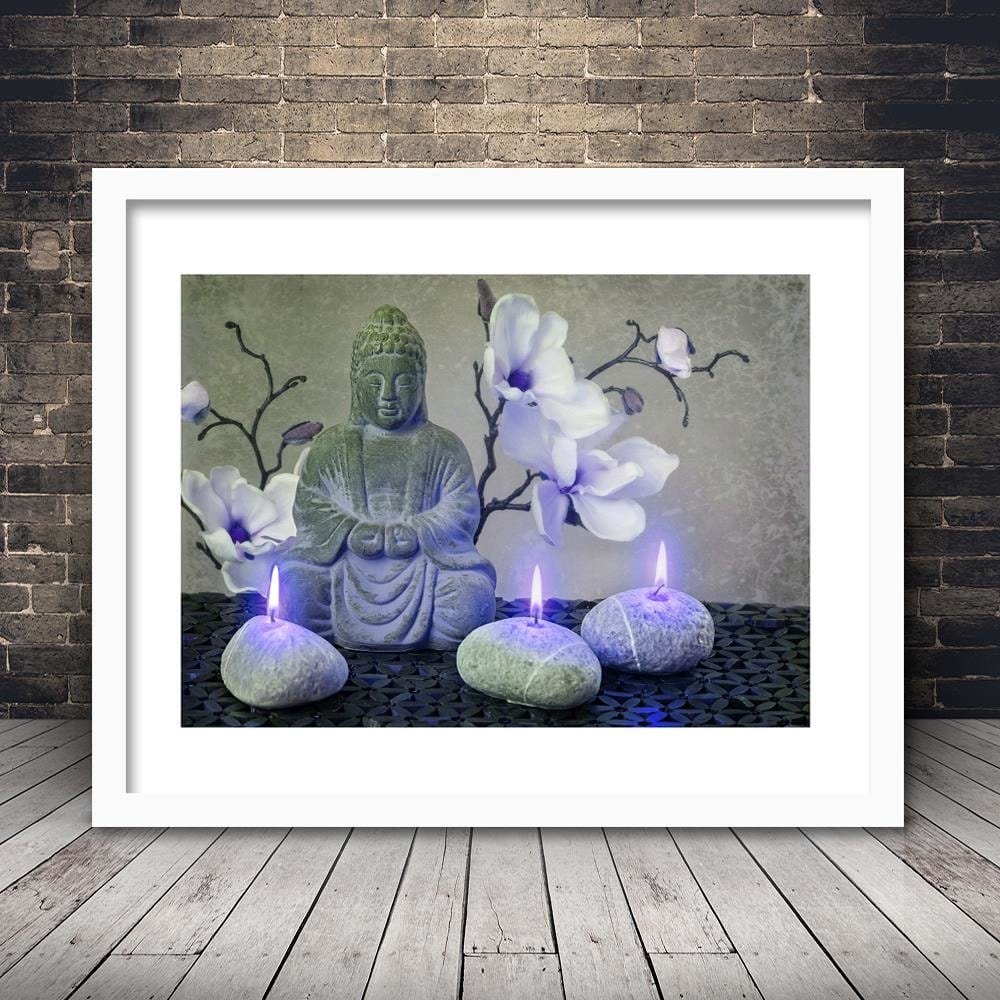 Glezna baltā rāmī - Buddha With Orchids And Candles  Home Trends DECO