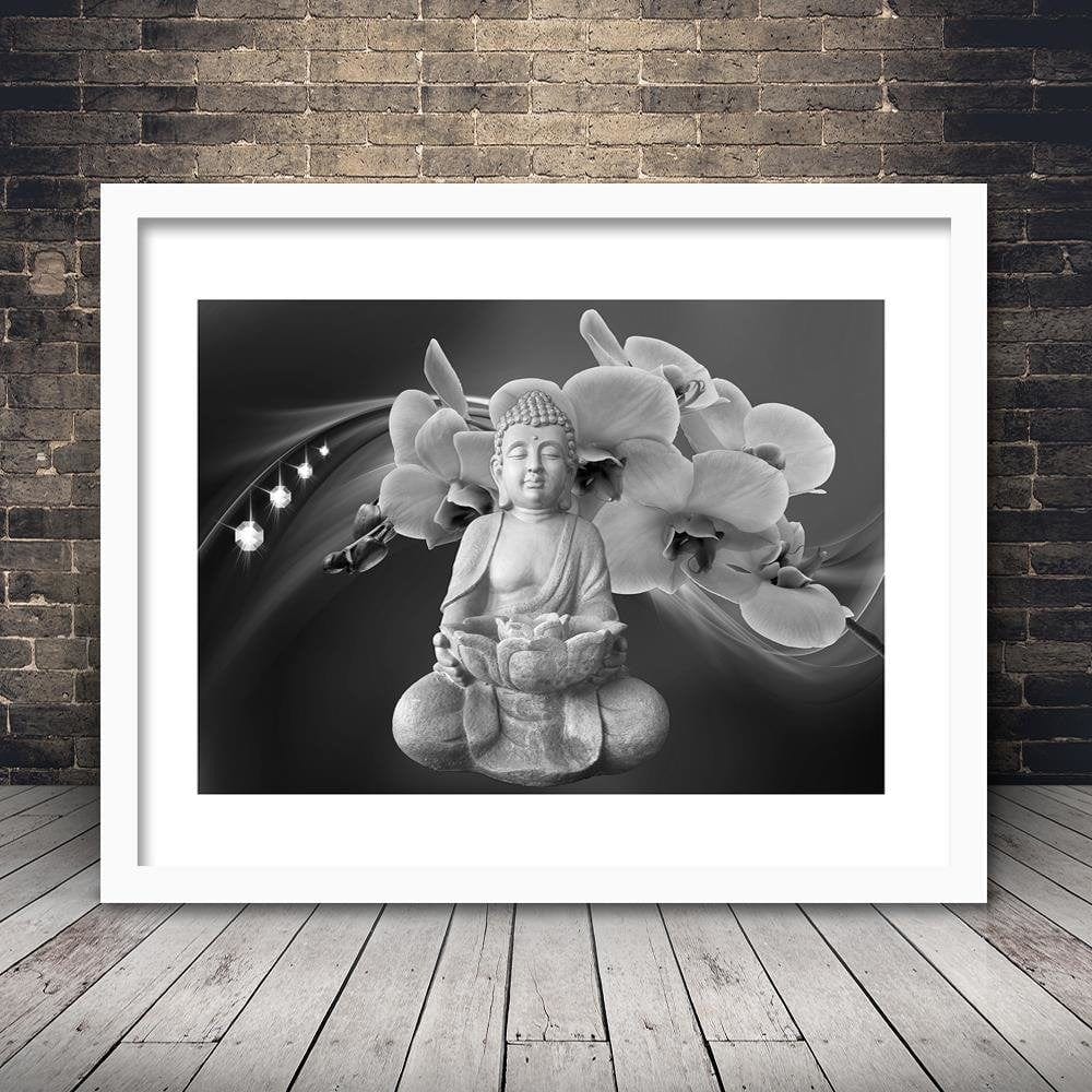 Glezna baltā rāmī - Buddha With Orchids  Home Trends DECO