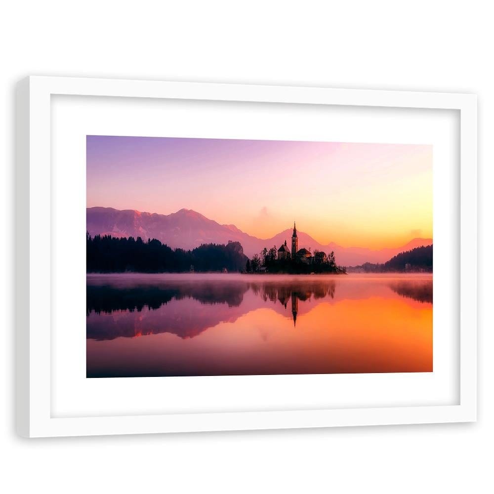 Glezna baltā rāmī - Castle On A Mountain Lake  Home Trends DECO