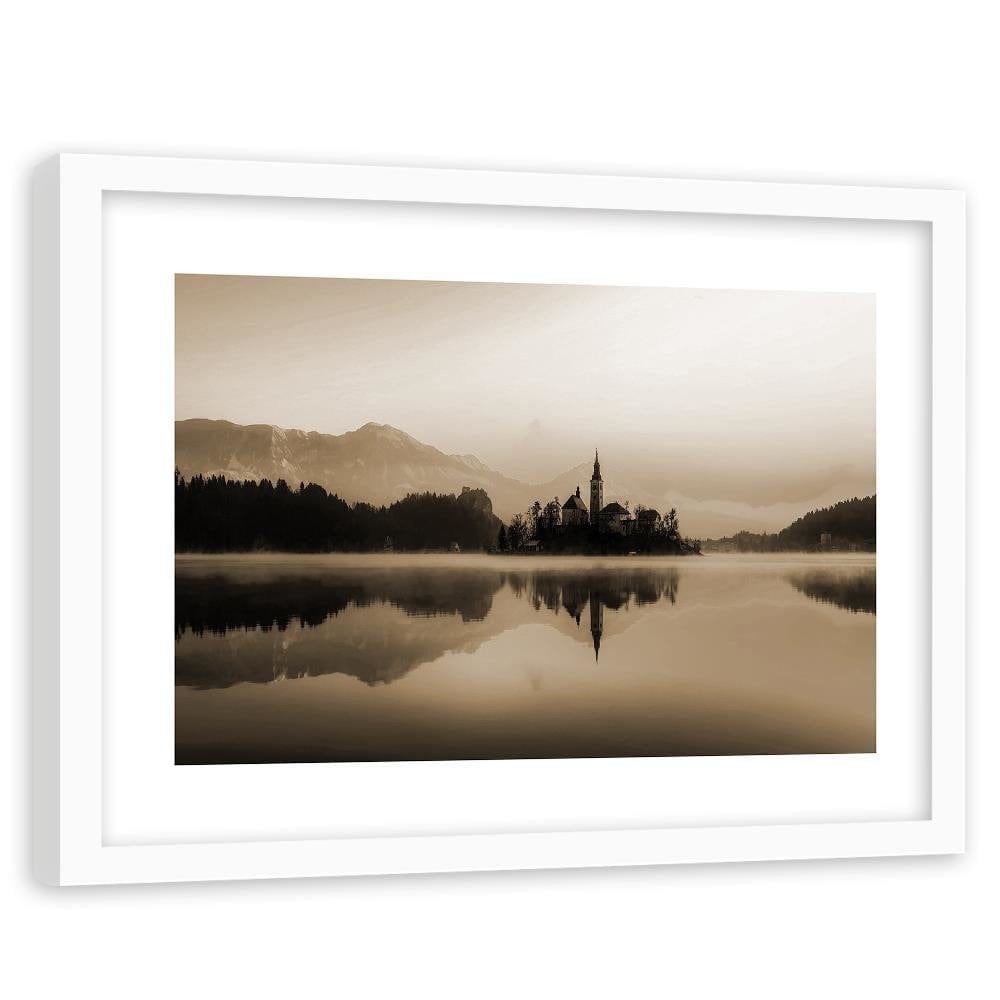 Glezna baltā rāmī - Castle On Mountain Lake 1  Home Trends DECO