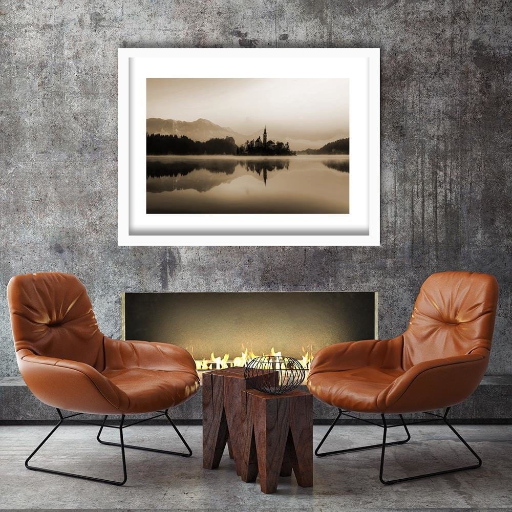 Glezna baltā rāmī - Castle On Mountain Lake 1  Home Trends DECO