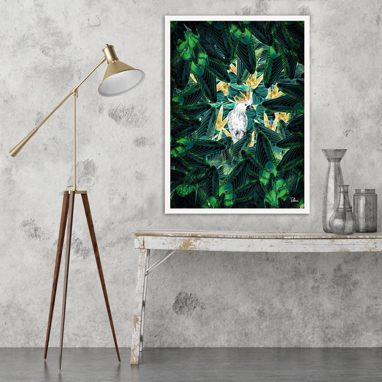 Glezna baltā rāmī - Cockatoo Image Tropical Green  Home Trends DECO