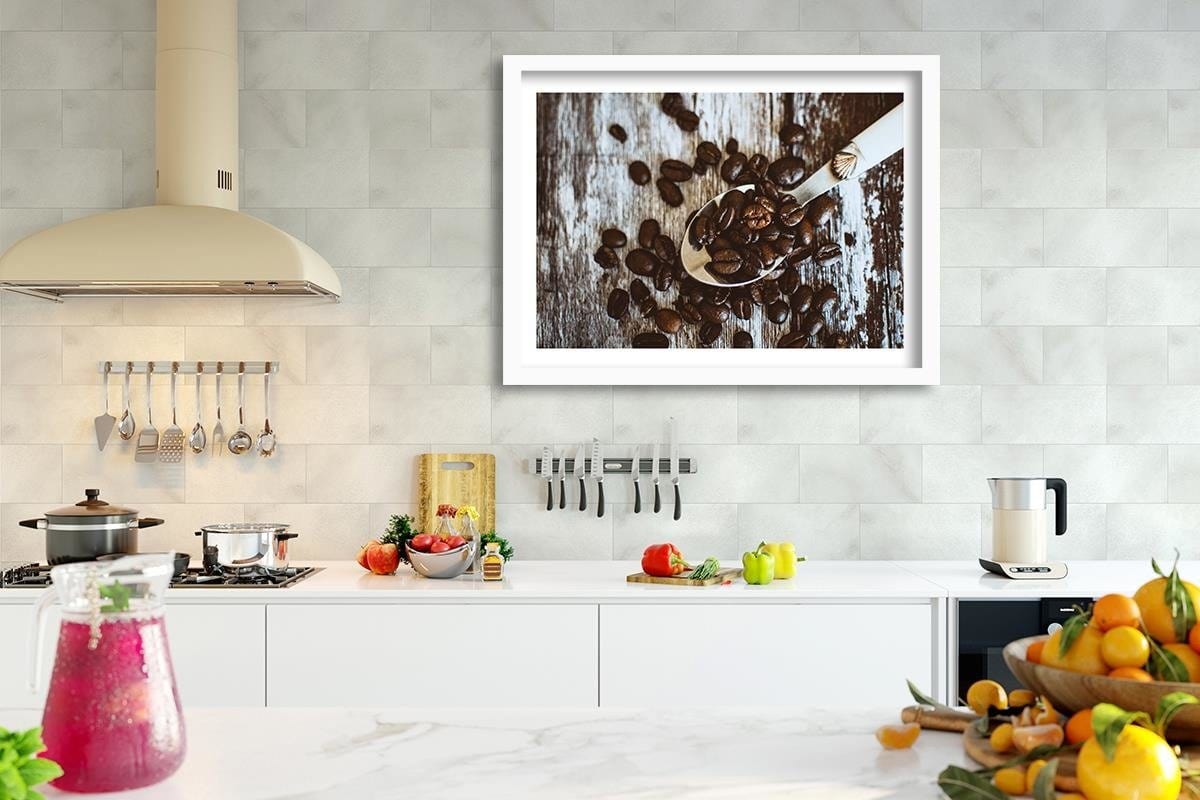 Glezna baltā rāmī - Coffee Beans On A Spoon  Home Trends DECO