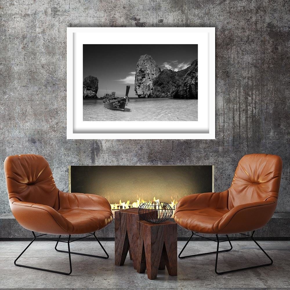 Glezna baltā rāmī - Colorful Boat On The Sea Shore 2  Home Trends DECO