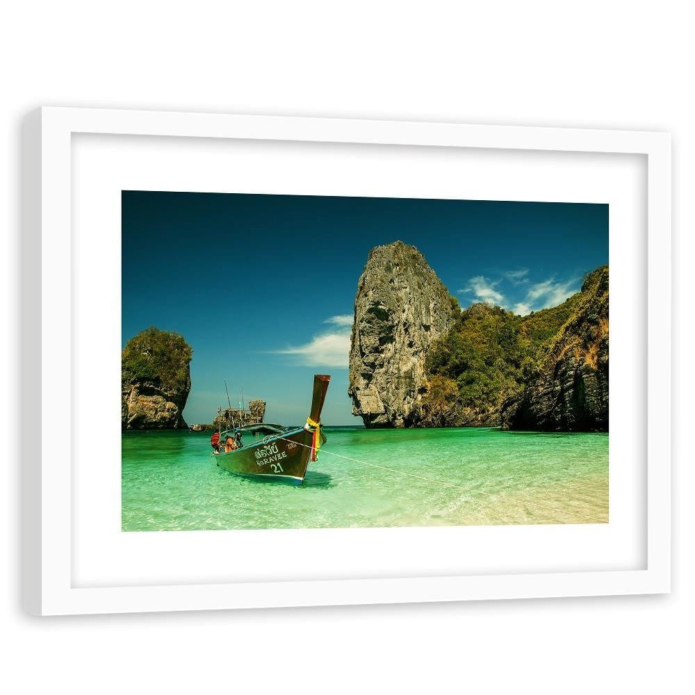 Glezna baltā rāmī - Colorful Boat On The Sea Shore 3  Home Trends DECO