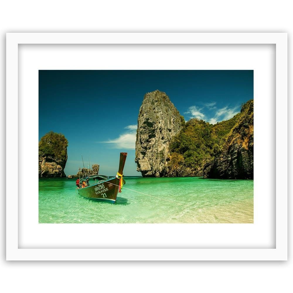 Glezna baltā rāmī - Colorful Boat On The Sea Shore 3  Home Trends DECO