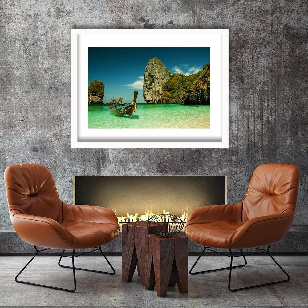 Glezna baltā rāmī - Colorful Boat On The Sea Shore 3  Home Trends DECO