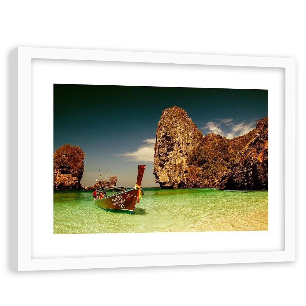 Glezna baltā rāmī - Colorful Boat On The Sea Shore  Home Trends DECO
