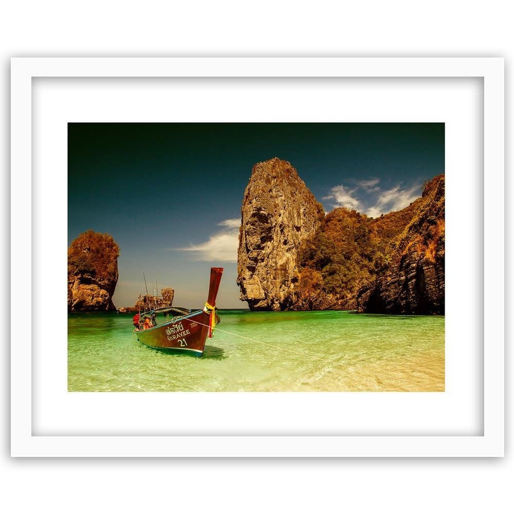 Glezna baltā rāmī - Colorful Boat On The Sea Shore  Home Trends DECO