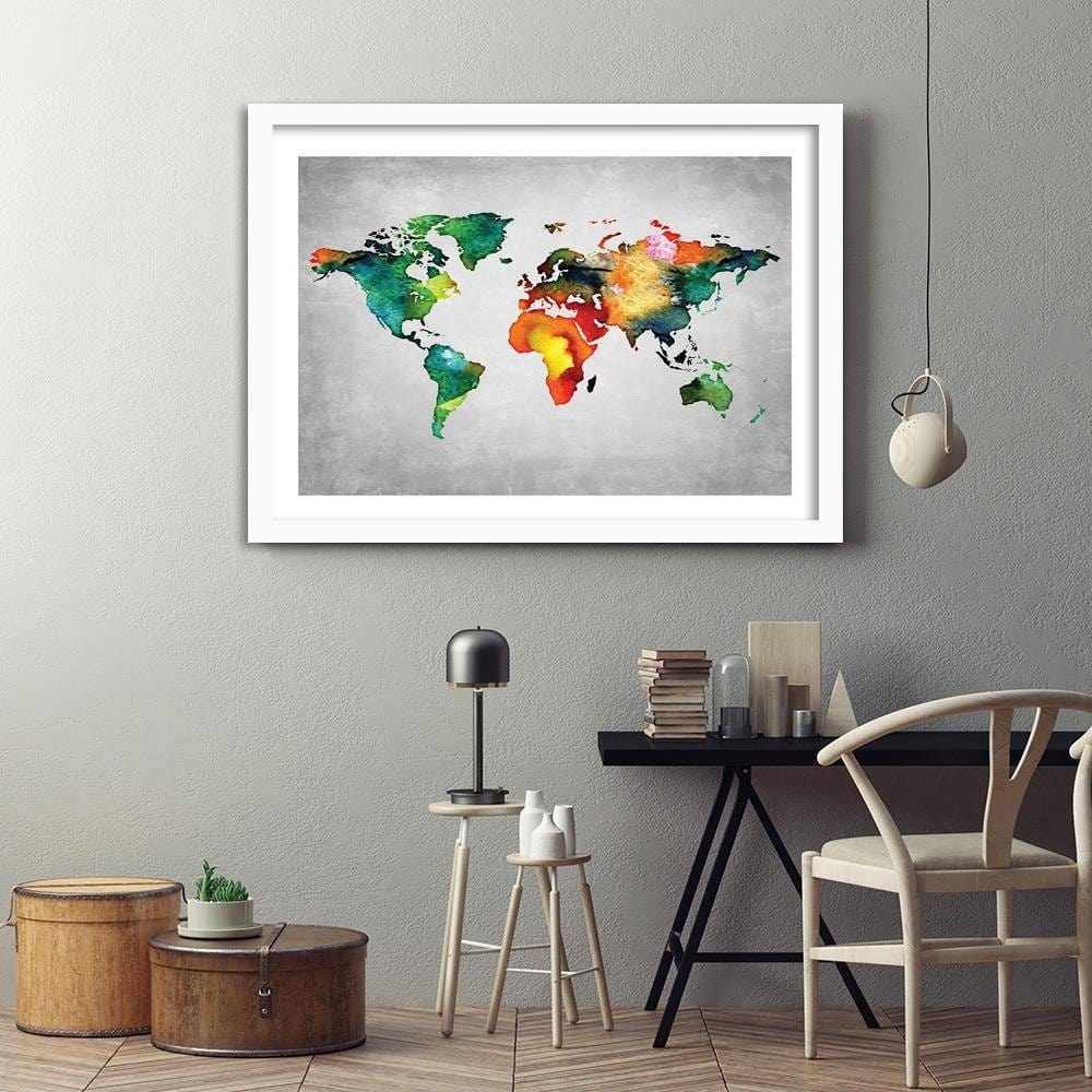 Glezna baltā rāmī - Colorful World Map On Concrete  Home Trends DECO