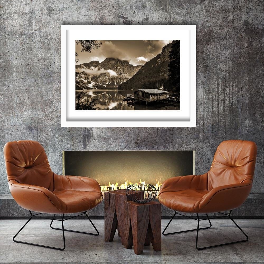 Glezna baltā rāmī - Cottage By The Mountain Lake 1  Home Trends DECO