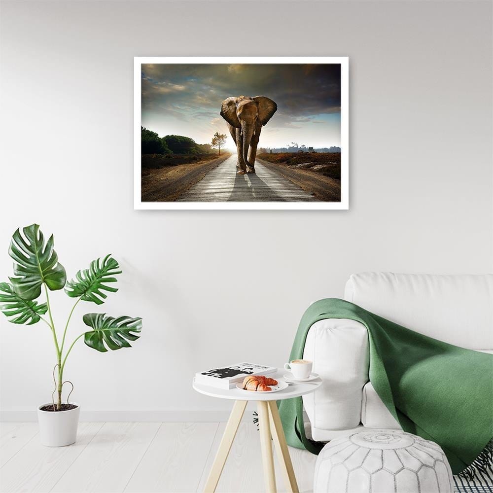 Glezna baltā rāmī - Elephant On The Road  Home Trends DECO