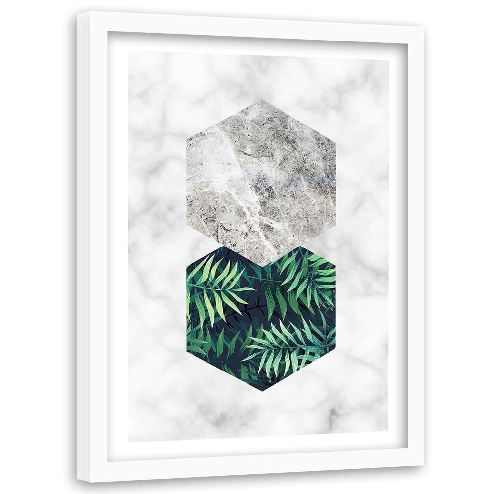 Glezna baltā rāmī - Fern Leaf In A Hexagon - Marble  Home Trends DECO