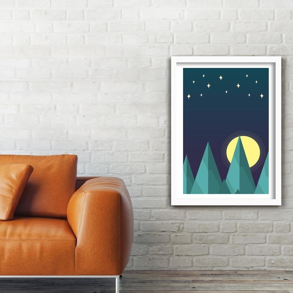 Glezna baltā rāmī - Geometric Forest Landscape With Stars  Home Trends DECO