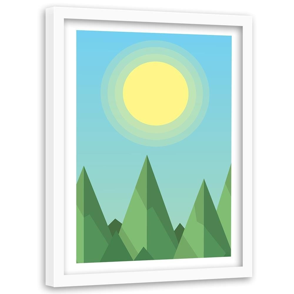 Glezna baltā rāmī - Geometric Forest Landscape With The Sun  Home Trends DECO