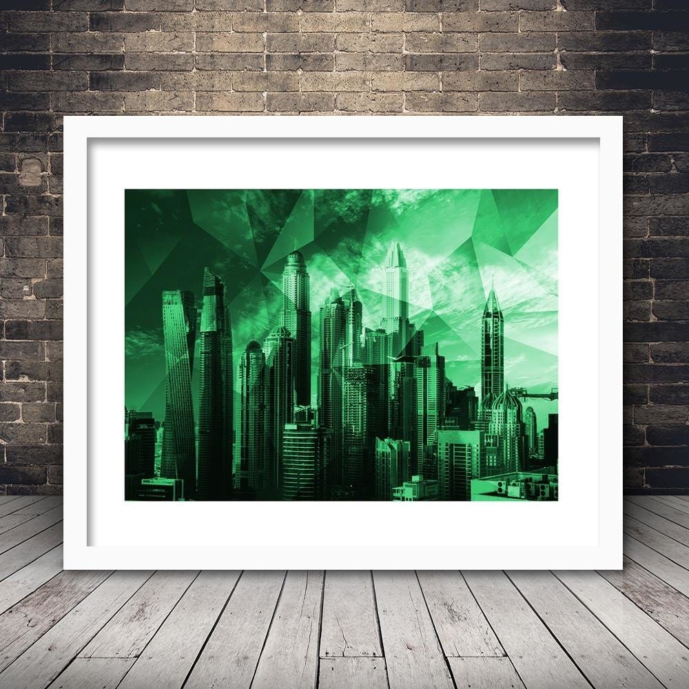 Glezna baltā rāmī - Geometric Green City 3  Home Trends DECO
