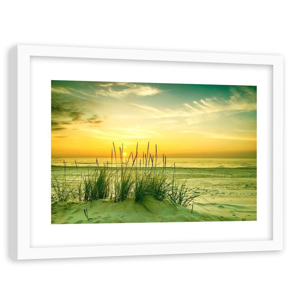 Glezna baltā rāmī - Grass On The Beach At Sunset  Home Trends DECO