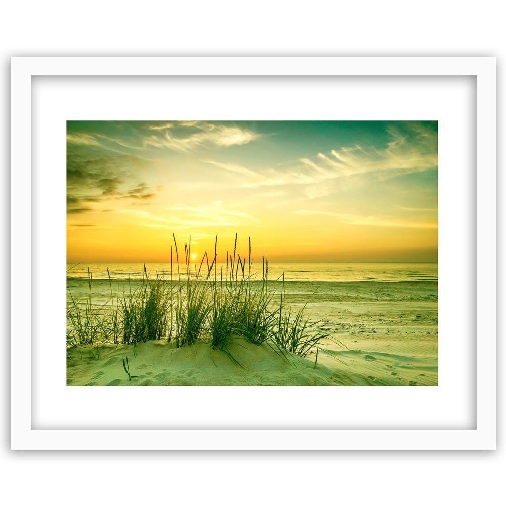 Glezna baltā rāmī - Grass On The Beach At Sunset  Home Trends DECO