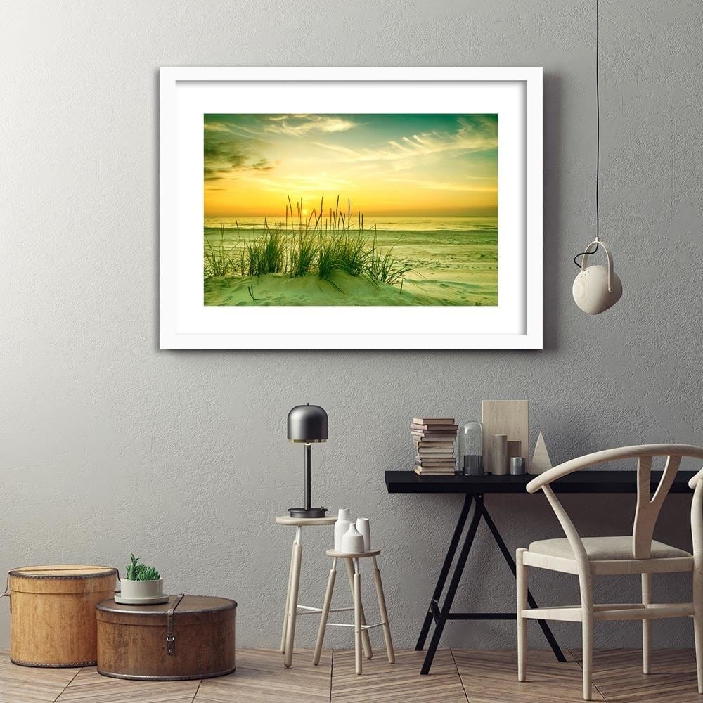 Glezna baltā rāmī - Grass On The Beach At Sunset  Home Trends DECO