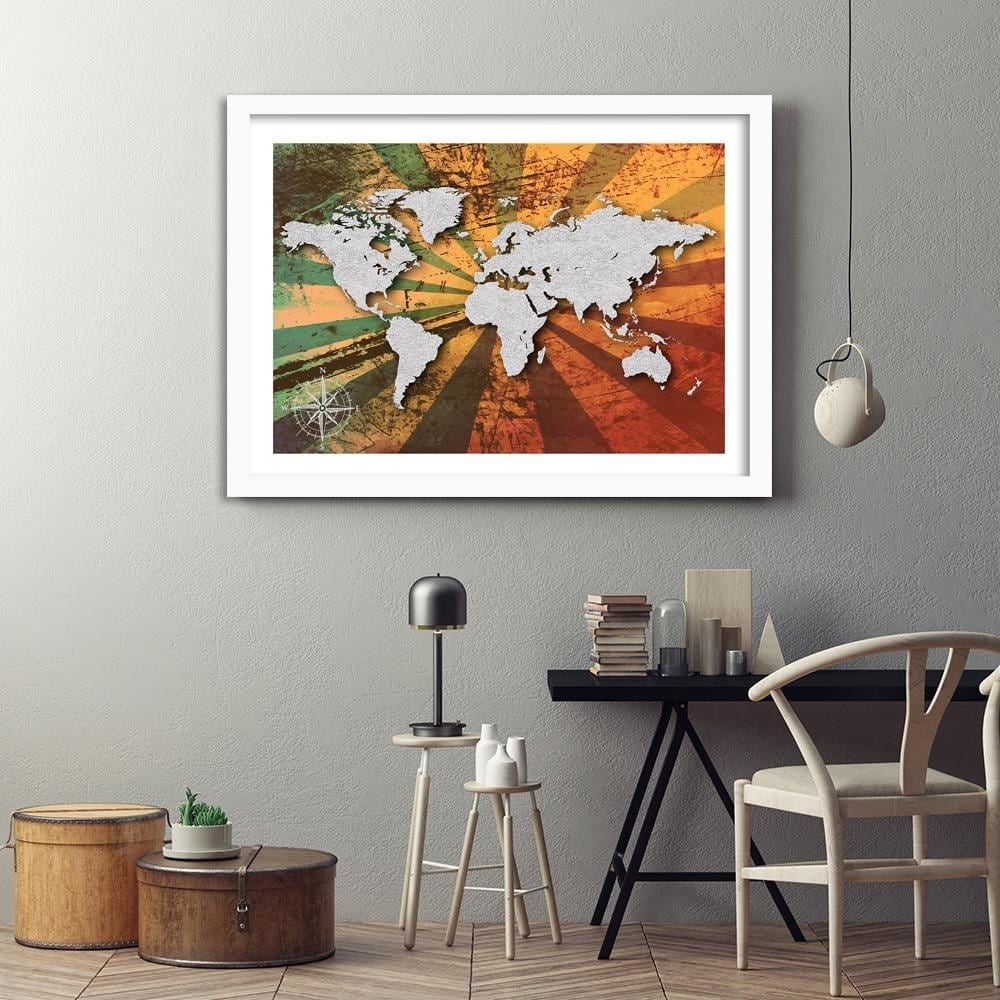 Glezna baltā rāmī - Gray Vintage World Map  Home Trends DECO