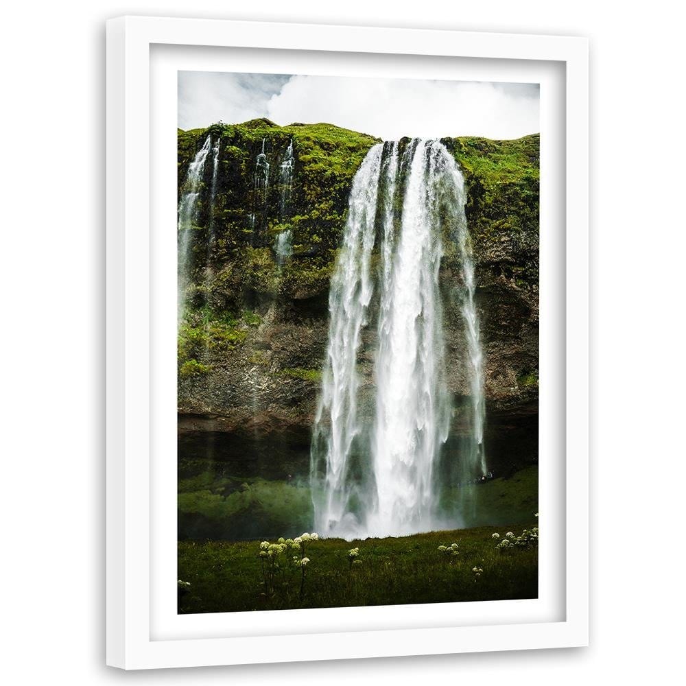 Glezna baltā rāmī - Green Waterfall In The Mountains  Home Trends DECO