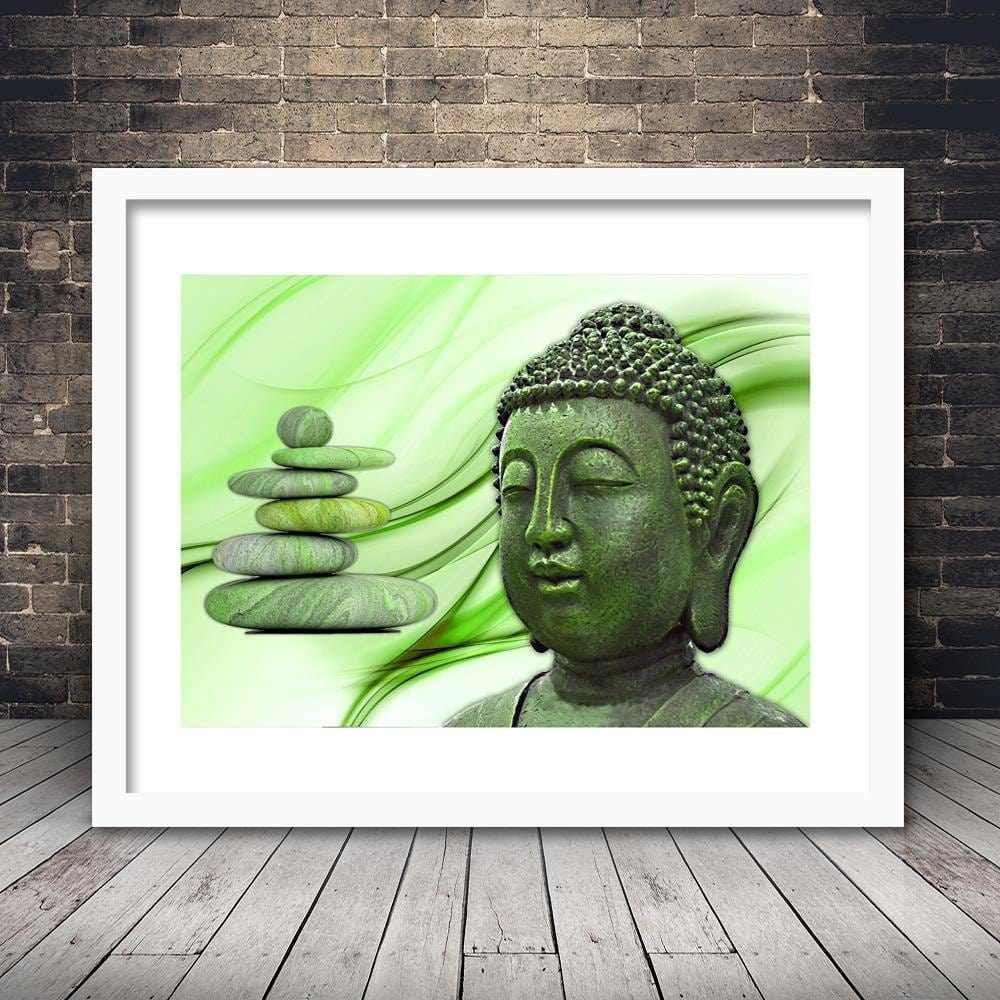 Glezna baltā rāmī - Head Of Buddha And Zen Stones  Home Trends DECO