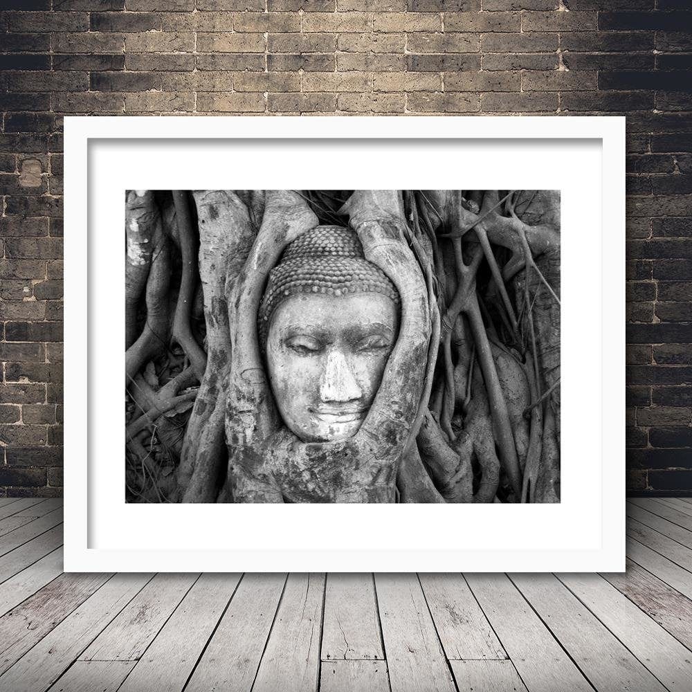 Glezna baltā rāmī - Head Of Buddha In Tree  Home Trends DECO