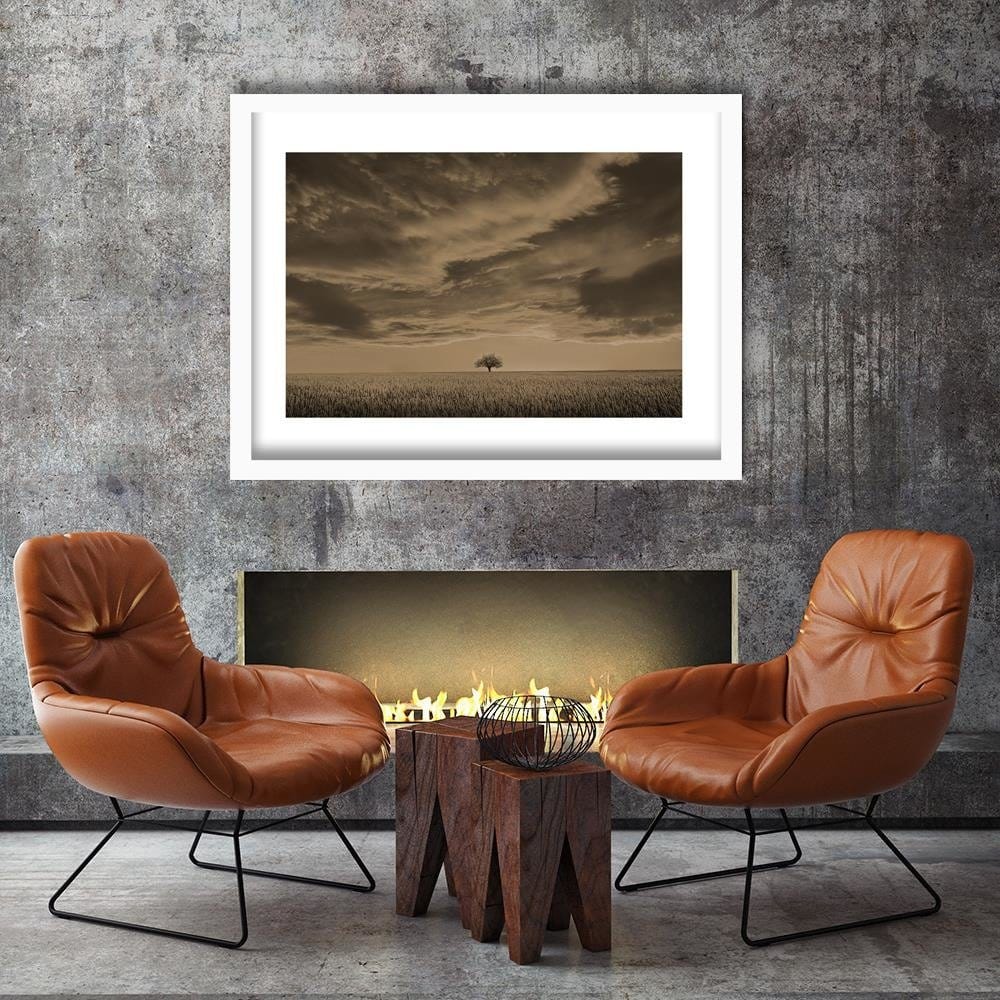 Glezna baltā rāmī - Lone Tree In Field 1  Home Trends DECO