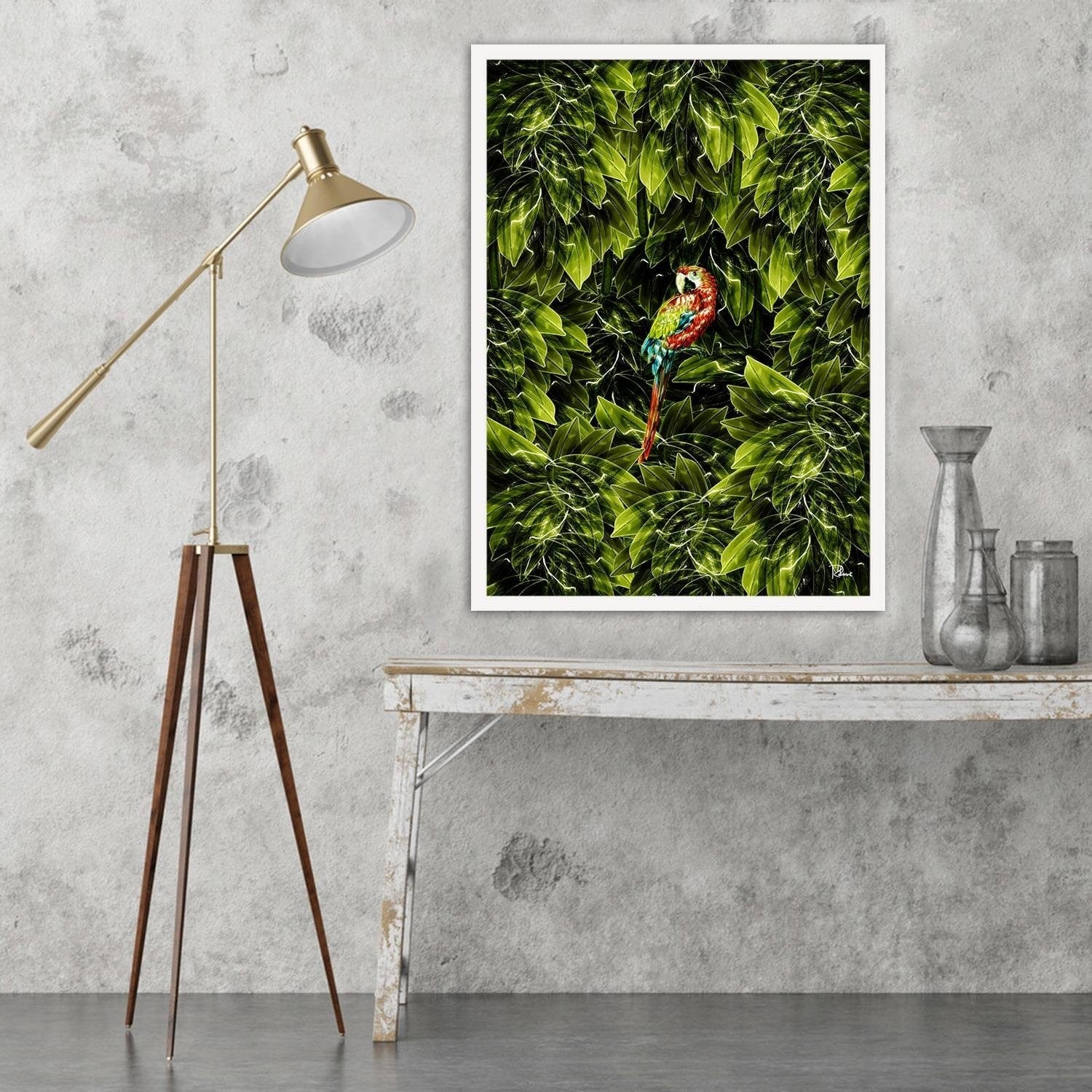 Glezna baltā rāmī - Macaw Tropical Green  Home Trends DECO
