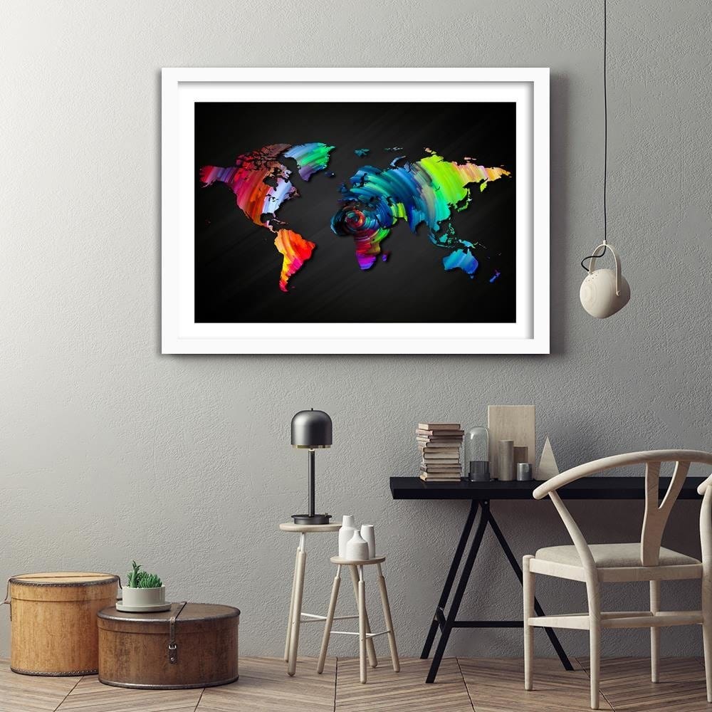 Glezna baltā rāmī - Map Of The World With Many Colors  Home Trends DECO