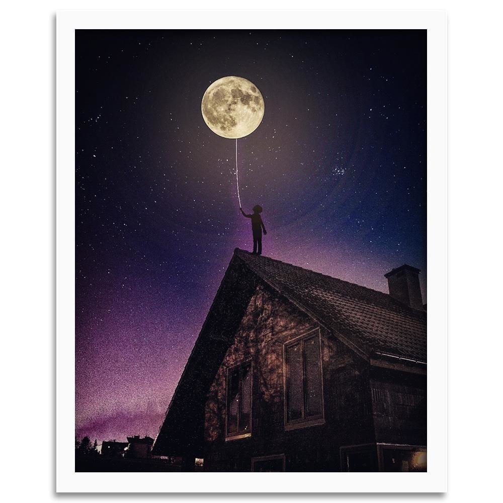Glezna baltā rāmī - Moon As Balloon  Home Trends DECO