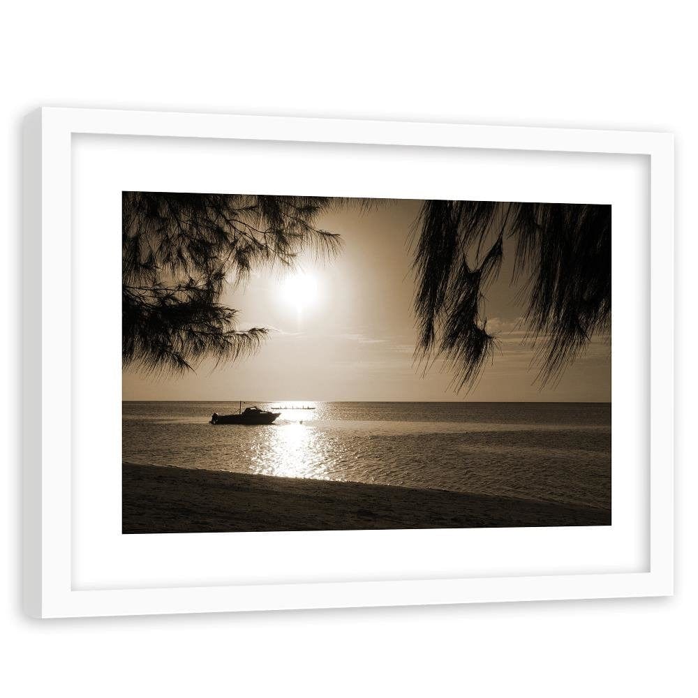 Glezna baltā rāmī - Motor Boat On The Sea Shore 1  Home Trends DECO