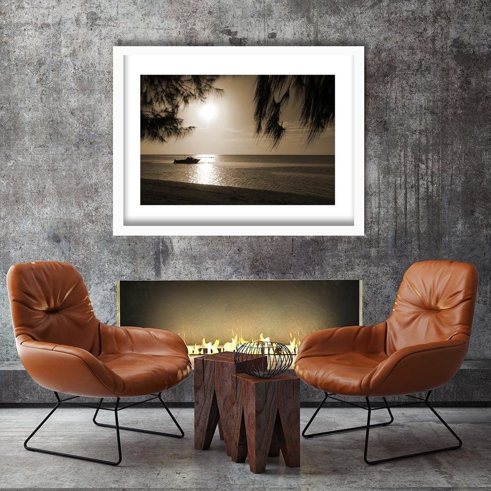 Glezna baltā rāmī - Motor Boat On The Sea Shore 1  Home Trends DECO