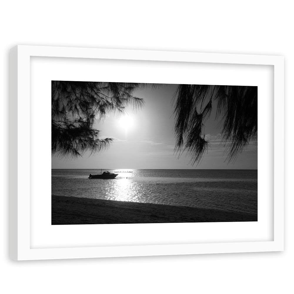 Glezna baltā rāmī - Motor Boat On The Seashore 2  Home Trends DECO