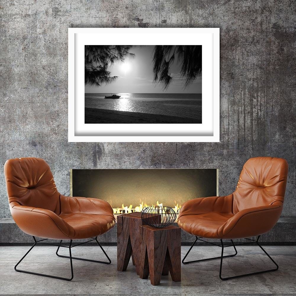 Glezna baltā rāmī - Motor Boat On The Seashore 2  Home Trends DECO