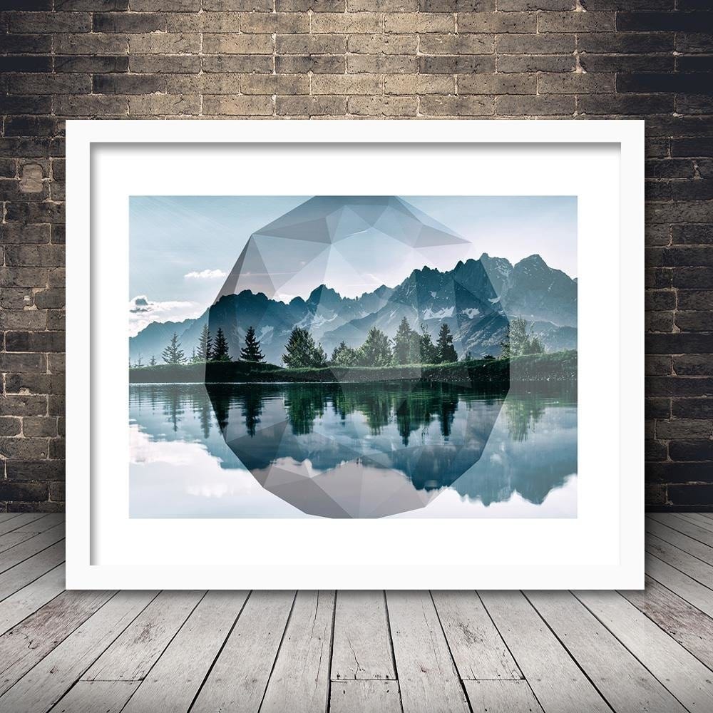 Glezna baltā rāmī - Mountain Lake And Geometry 1  Home Trends DECO