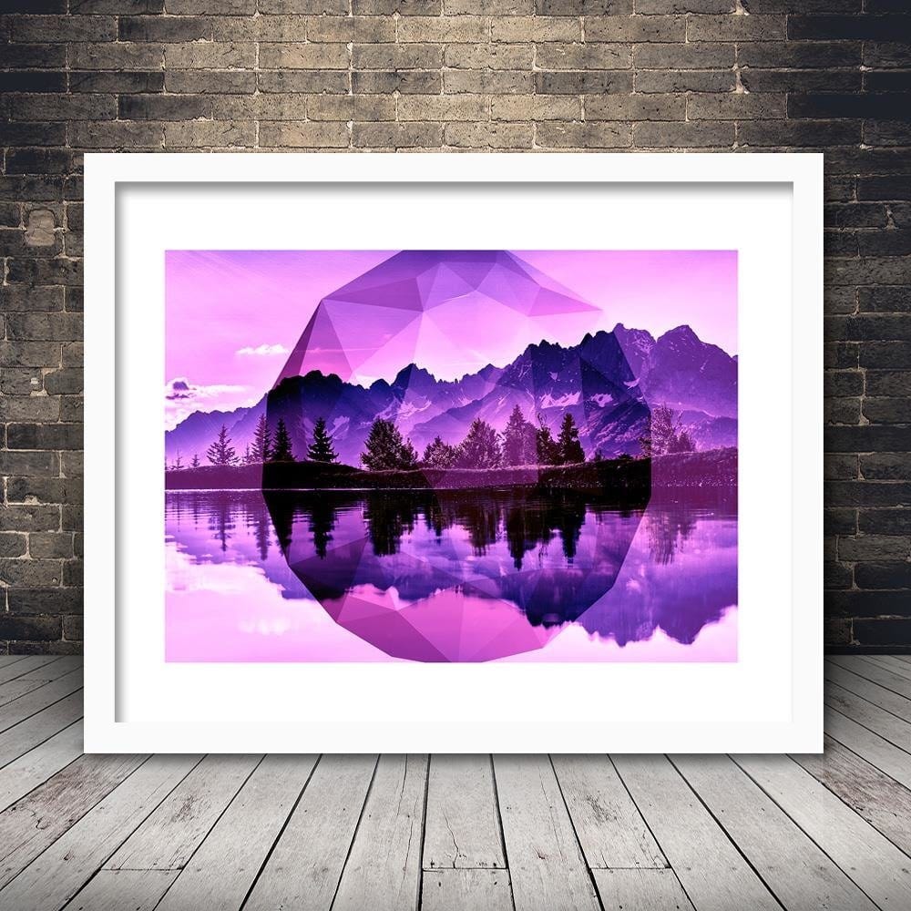 Glezna baltā rāmī - Mountain Lake And Geometry 3  Home Trends DECO
