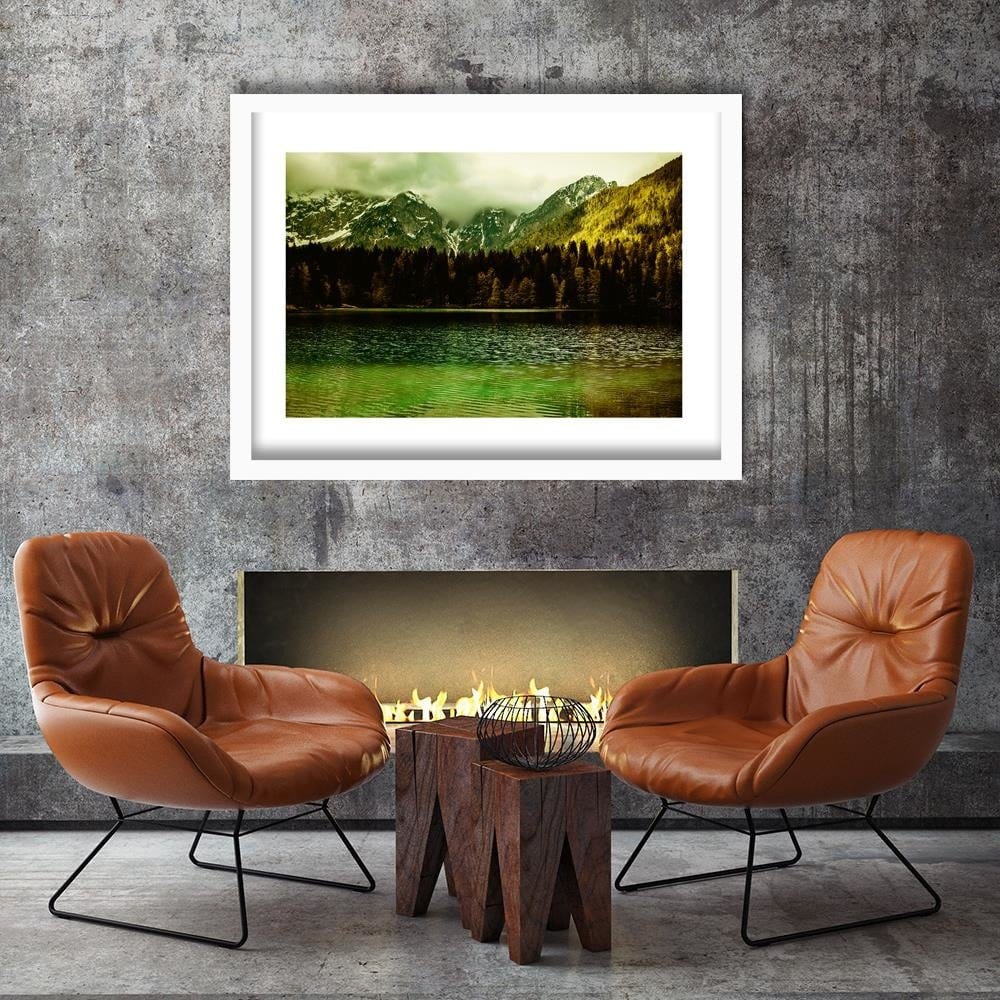 Glezna baltā rāmī - Mountains On The Lake 3  Home Trends DECO